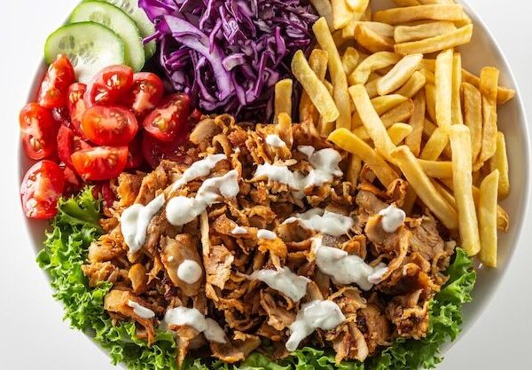 Premium Photo _ Isolated traditional turkish chicken kebab prepared with lovely fries, fresh vegetables and yummy dressing_